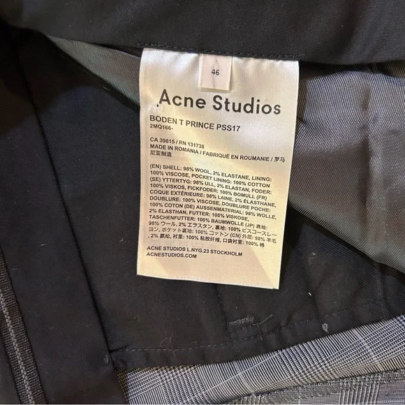 Men's Acne Studios Tailored Checked Wool Trousers Dress Pants 46 32 Waist